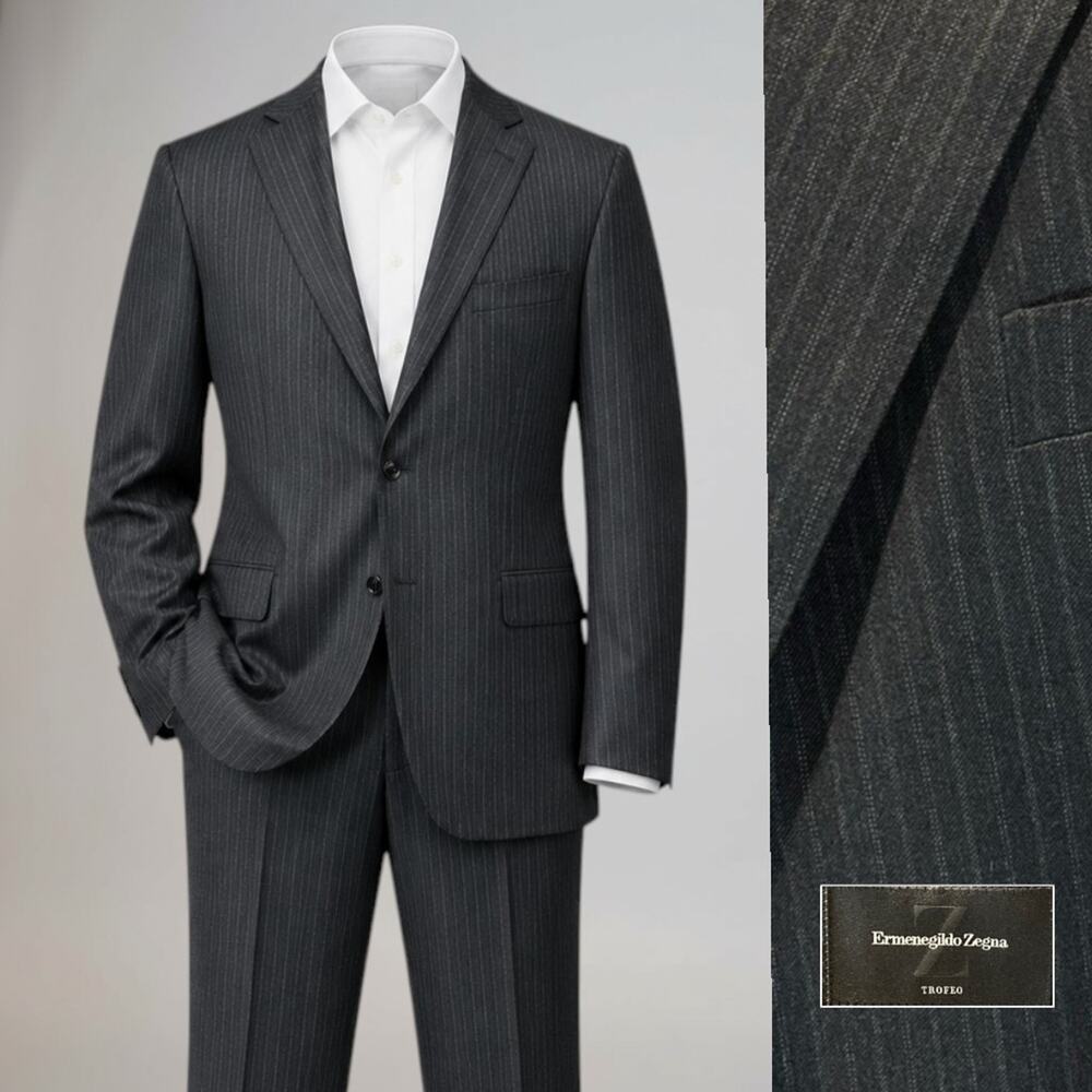 Ermenegilzo Zegna Trofeo 46R 36x29 ROMA Gray Stripe Flannel Suit 3/2 Roll